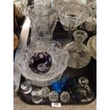 Purple cut to clear glass dish, crystal jug, bowl, two dishes, pedestal dish, decanter, glass bird