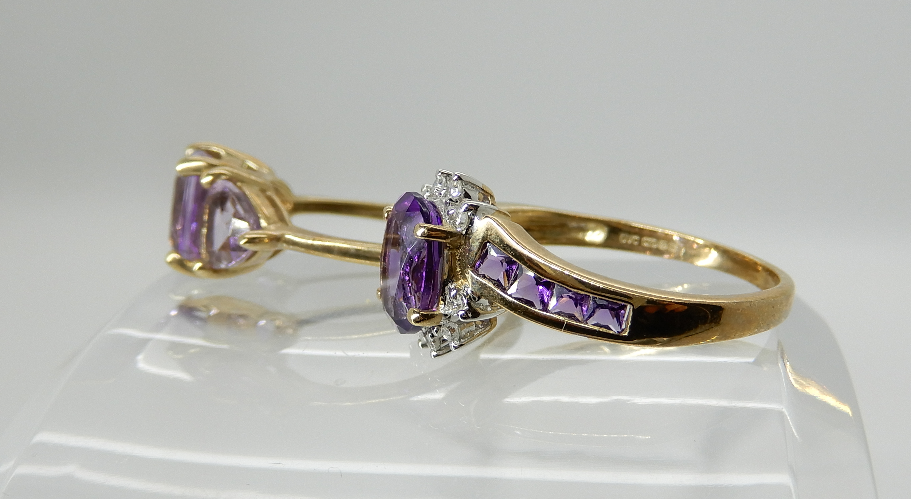 A 9ct gold amethyst and diamond ring, size Q1/2, a 9ct gold three stone amethyst ring size P1/2, - Image 3 of 3