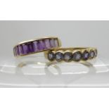 A 9ct gold amethyst linear cluster ring size N, together with a 9ct blue gem set ring size Q1/2,
