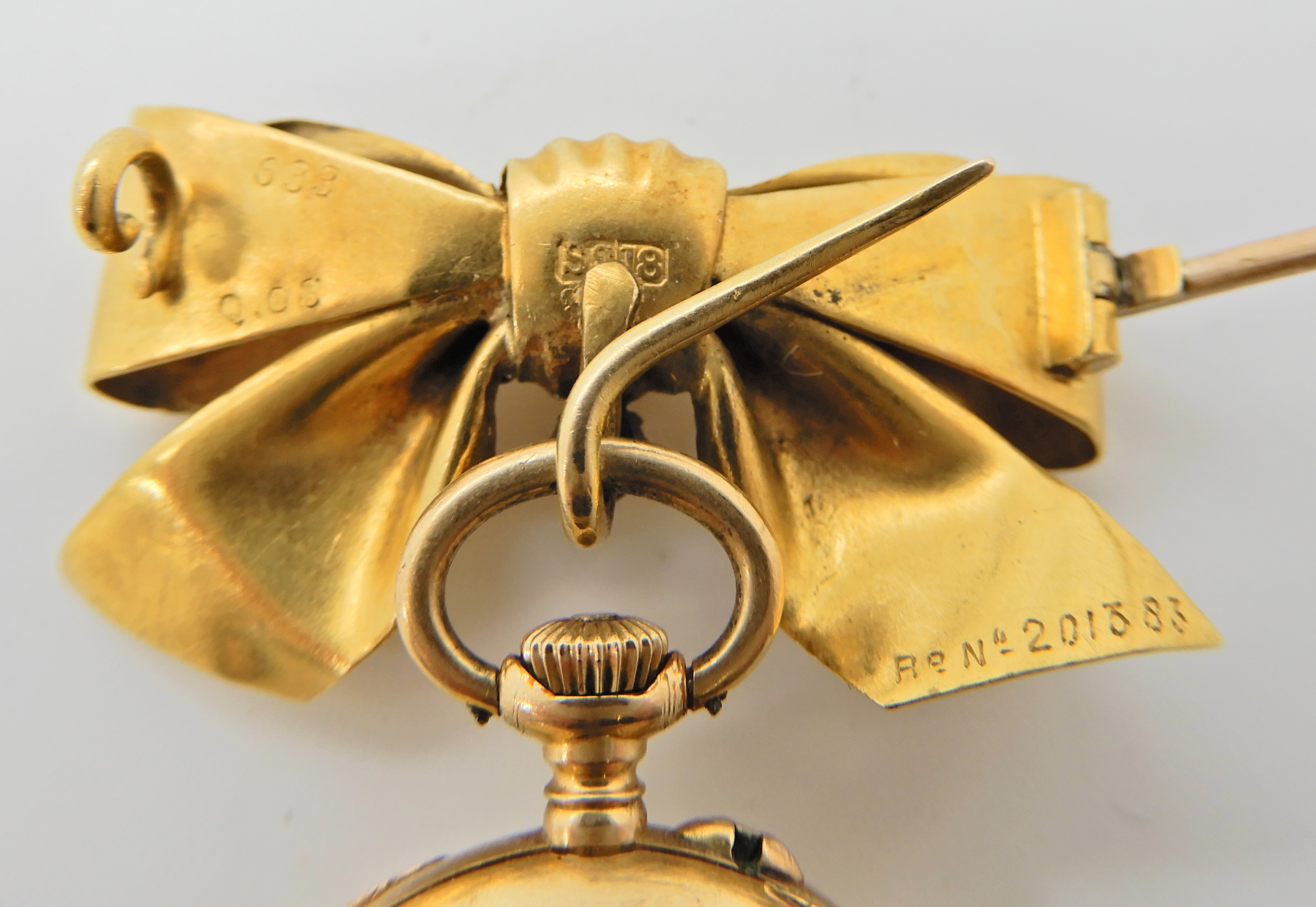 A gold plated Le Roy & Fils fob watch with an 18ct bow fob brooch, diameter of the pendant watch - Image 3 of 6
