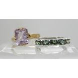 A 9ct amethyst ring size N1/2 and a 9ct white gold five stone green gem ring size N1/2, combined