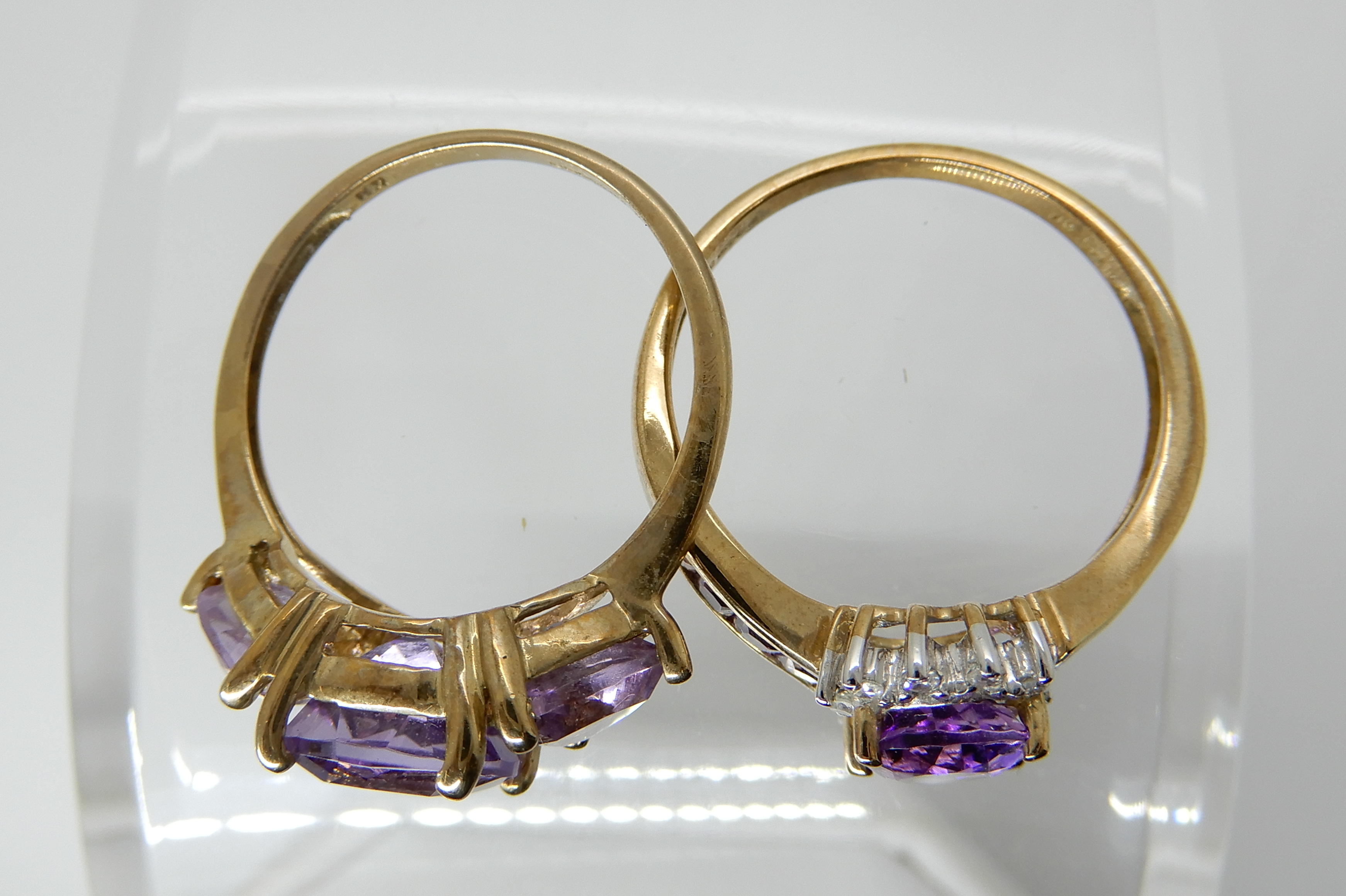 A 9ct gold amethyst and diamond ring, size Q1/2, a 9ct gold three stone amethyst ring size P1/2, - Image 2 of 3