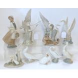 Seven Nao figures and one Lladro figure of birds including cranes, ducks, geese etc and a Nao figure