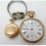 A gold plated Waltham pocket watch, a Hampden fob watch and a gold plated enamelled Art Deco