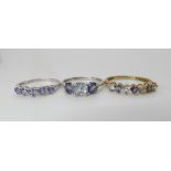 Three 9ct gold blue and pale blue gem set rings sizes P1/2, P and Q1/2, weight approx 5.4gms
