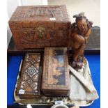 A Chinese carved hardwood figure, 35cm high (slight def), Italian Sorrento ware box, two vintage