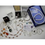 A silver blue diamond set ring, a silver Korite ring, silver and amber jewellery and other items