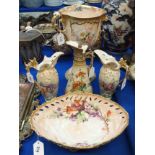 A Nautilus porcelain three-handled tyg on pedestal base, 32cm high (one handle broken), a pair of