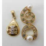 A 9ct gold mixed gem and pearl pendant length 3.4cm and a 9ct gold diamond set pendant length 2.5cm,