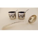 A lot comprising a silver sauce ladle, Glasgow 1840 and a pair of silver salts, Birmingham 1910,