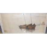 JOHN CARLAW RSW Fishing boats at anchor, signed, watercolour, 29 x 60cm DAVID MARTIN Auld Brig,