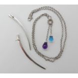 A 9ct gold diamond, amethyst and blue topaz pendant necklace, length 41cm and a pair of 9ct gold