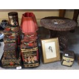 Various vintage tins and canisters with chinoiserie scenes, a framed photograph and carved wooden
