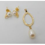 An 18ct gold pearl pendant length 4.5cm, together with a pair of bright yellow metal pearl and gem
