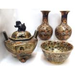 A large Japanese pottery koro and cover, 27cm high, a similar bowl, 22cm diameter and a pair of