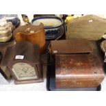 A mahogany cased mantel clock, modern ceramic table lamp, marquetry inlaid sewing box and brass