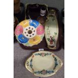 An Arthur Wood handpainted vase, two Lady artist decorated dishes, Carlton Ware dish and wooden lamp