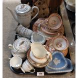 Noritake coffee set decorated with roses, two Wedgwood blue jasper pin dishes, Edwardian teawares