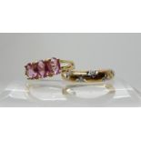 A 9ct gold band ring set with diamonds size P1/2, together with a 9ct gold three pink gem set ring