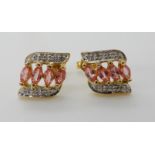 A pair of 18ct gold padparadscha sapphire and diamond earrings, approx 1.4cm long, weight 3.2gms