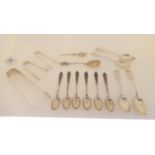 A lot comprising assorted silver spoons and three pairs of sugar tongs, 250gms approx Condition