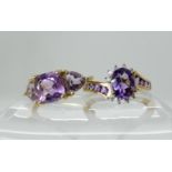 A 9ct gold amethyst and diamond ring, size Q1/2, a 9ct gold three stone amethyst ring size P1/2,