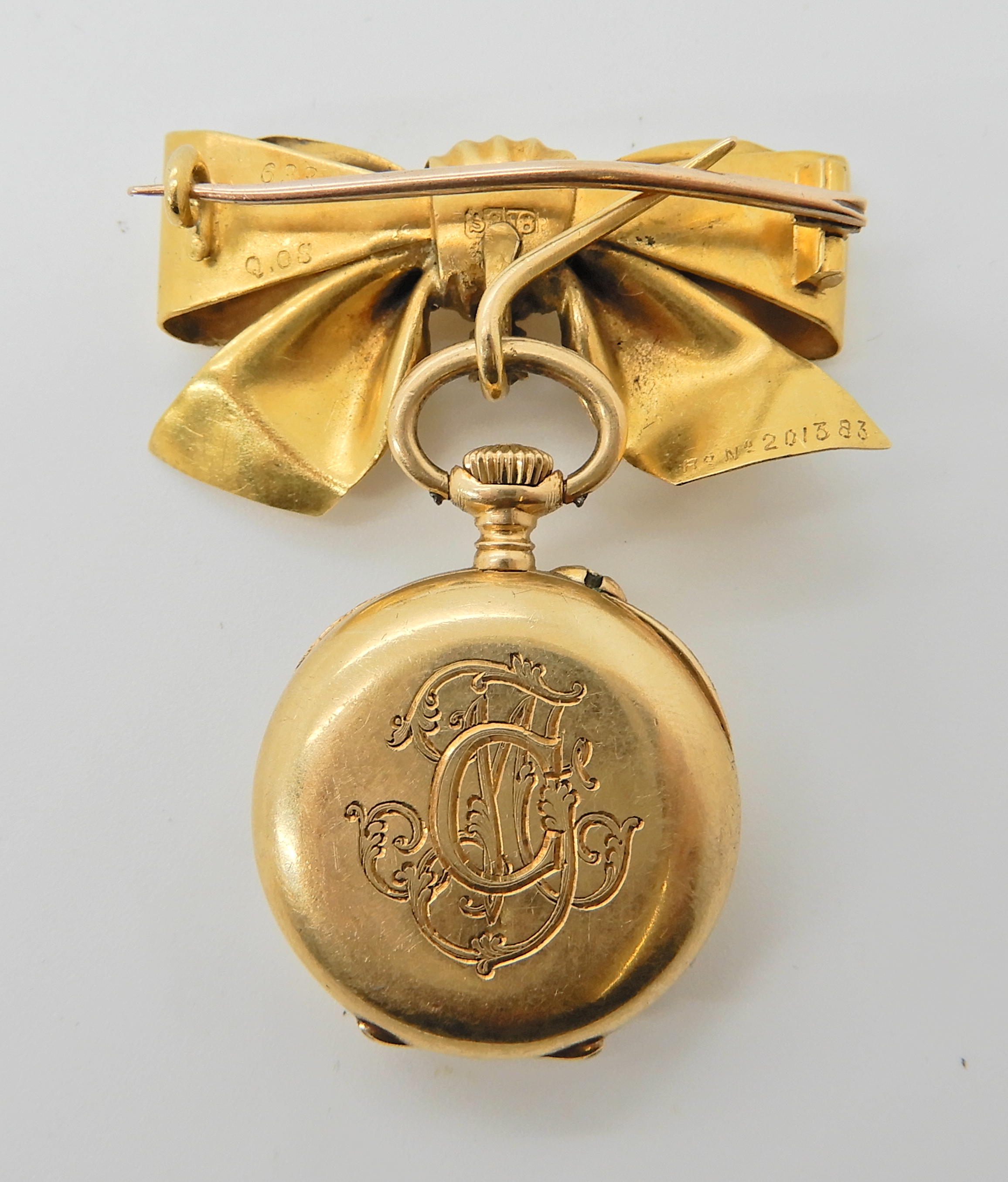 A gold plated Le Roy & Fils fob watch with an 18ct bow fob brooch, diameter of the pendant watch - Image 2 of 6