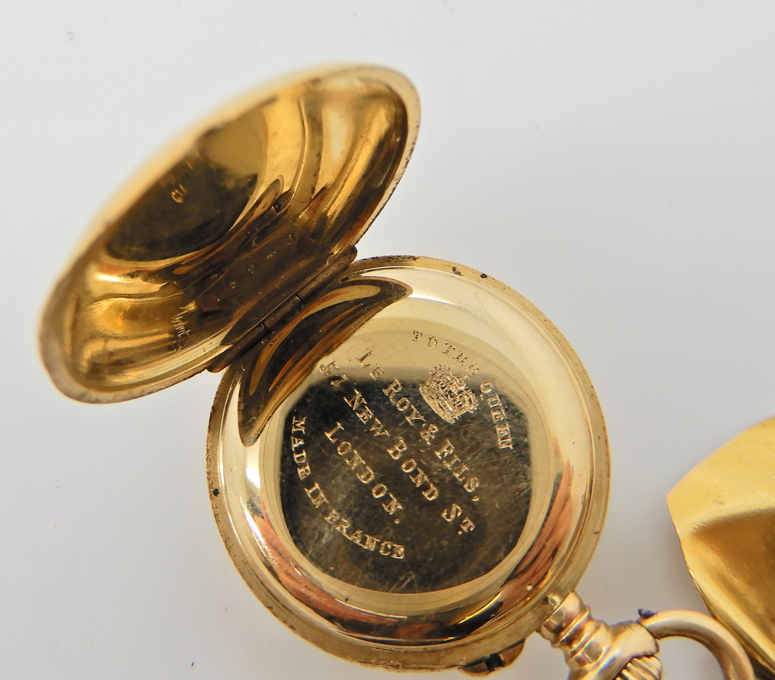 A gold plated Le Roy & Fils fob watch with an 18ct bow fob brooch, diameter of the pendant watch - Image 4 of 6