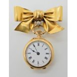 A gold plated Le Roy & Fils fob watch with an 18ct bow fob brooch, diameter of the pendant watch
