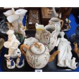 A Continental figural centrepiece, four piece Victorian Aesthetic style tea wares, pair of