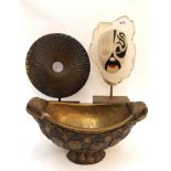 Two contemporary sculptures, one with Japanese opera mask decoration, 37cm high and an Eastern