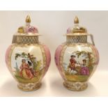 A pair of Dresden porcelain jars and covers, with handpainted scenes of courting couples on a pink