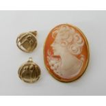 A bright yellow metal mounted shell cameo, 3.2cm x 2.5cm, together with a pair of 9ct gold Ola Gorie