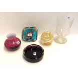 A Victorian etched glass vase, a Caithness vase, a large paperweight and two other pieces