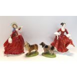 Two Royal Doulton figures, Autumn Breezes and Stephanie and two Wade Championship Series dogs