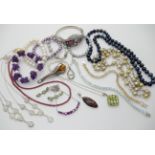 Cultured pearls and silver jewellery to include, two moonstone silver necklaces a silver multi-gem