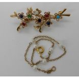 A 9ct gold mixed gem set bunch of flower brooch, length 4.7cm, together with a 9ct gold pearl set