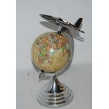 A tray lot including desk globe with aeroplane finial, turnkey clock and various corkscrews