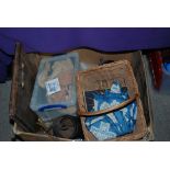 A box of miscellaneous including wicker basket, wooden tea tray etc Condition Report: Available upon