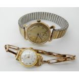 A 9ct gold gents vintage watch with gold plated strap together with a ladies Bifora watch with 9ct