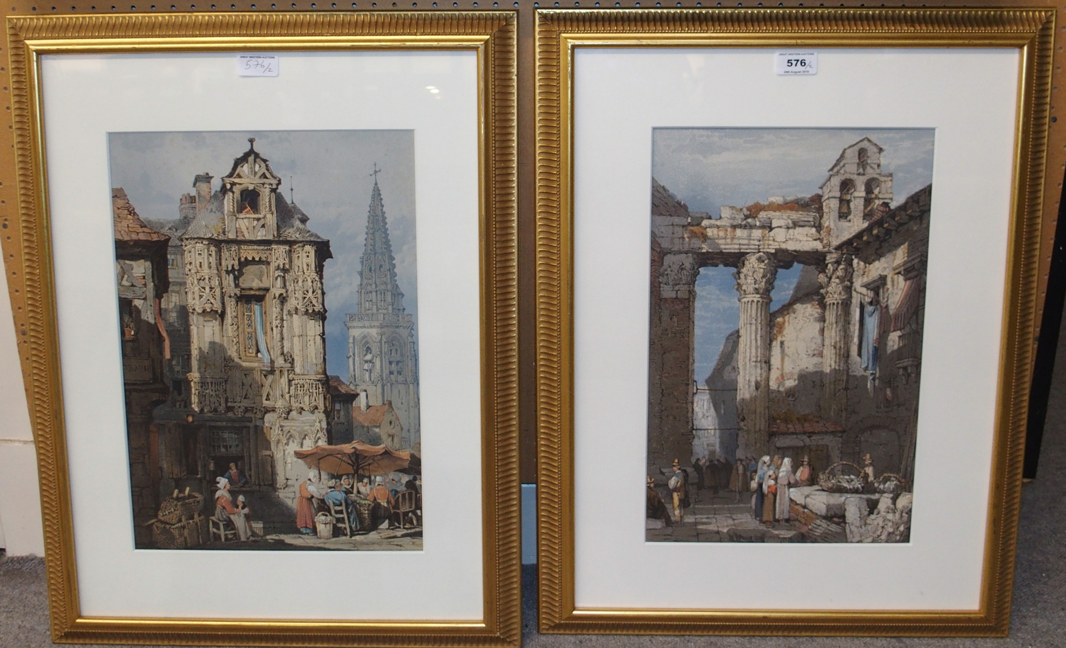 AFTER PROUT Continental street scenes, lithographs, 42 x 26cm (2) Condition Report: Available upon