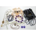 Cultured pearls and silver jewellery to include, two strings of Honora black pearls with 14k white