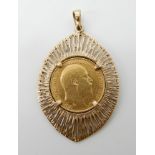 A 1903 gold half sovereign in a 9ct gold pendant mount, weight 7.5gms Condition Report: Available