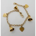 A Chinese gold child's bracelet hung with hearts and bells, length 14cm, weight 5.5gms Condition