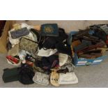 A collection of babies shoes, clothes, ladies evening bags, leather and other wallets etc