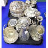 A lot comprising two tray lots of EP - claret jug, vases, dishes, cream and sugar on stand,
