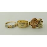 A 9ct three colour gold grapes and vines ring size N1/2, weight 4.4gms, a 14k bi-colour gold Greek