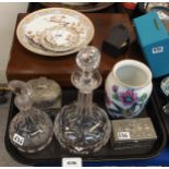 A cased fish cutlery set, two glass decanters, three trinket boxes and other items Condition Report:
