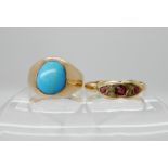 A bright yellow metal turquoise set signet ring size O, an 18ct red gem and rose cut diamond ring