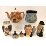 A Doulton Slaters painted vase, a Langley tobacco jar, two miniature Doulton pieces, two character